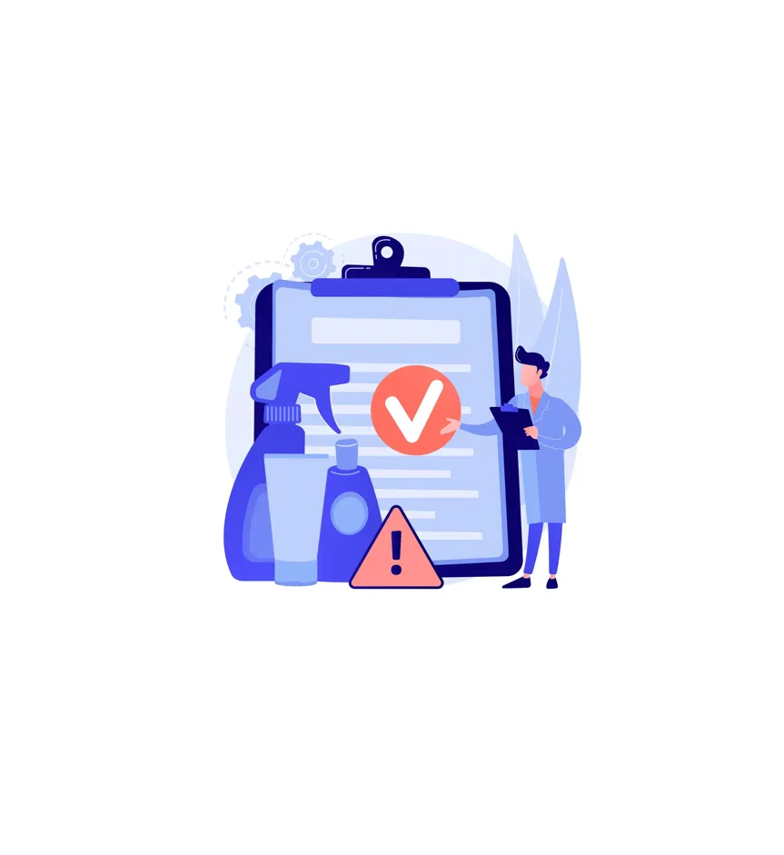 Illustration zur EU-Detergenzienverordnung 2026/405 mit Reinigungsmitteln, Checkliste und Compliance-Prüfung