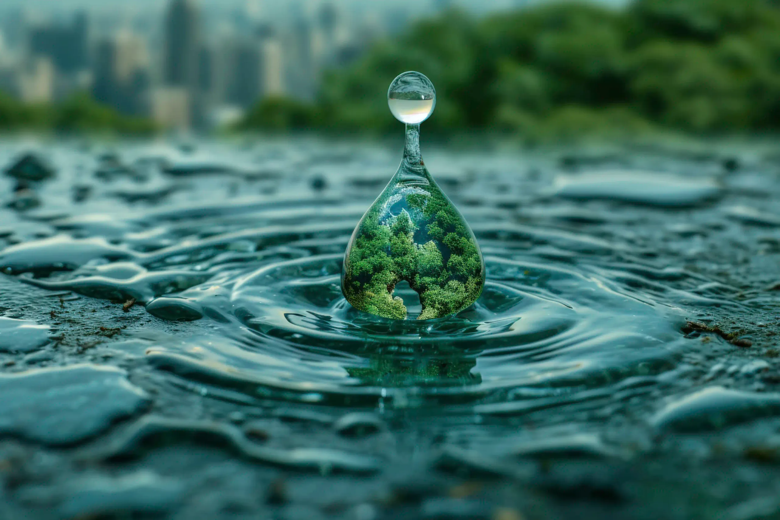 Ein einzelner Wassertropfen auf einer Wasseroberfläche, in dessen Innerem ein dichter grüner Wald dargestellt ist; im Hintergrund unscharfe Natur und eine angedeutete Stadtlandschaft.